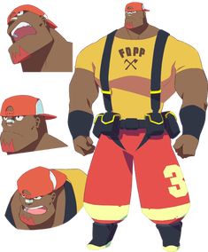 this is a character concept sheet showcasing a muscular, darkskinned male character. the character is designed as a firefighter with a yellow shortsleeved shirt featuring the text "fopp" and a crossed axe logo. he wears red pants with yellow accents, a black belt with pouches, black wristbands, and a red baseball cap. the sheet includes headshots and a fullbody view, highlighting his strong physique and confident posture.