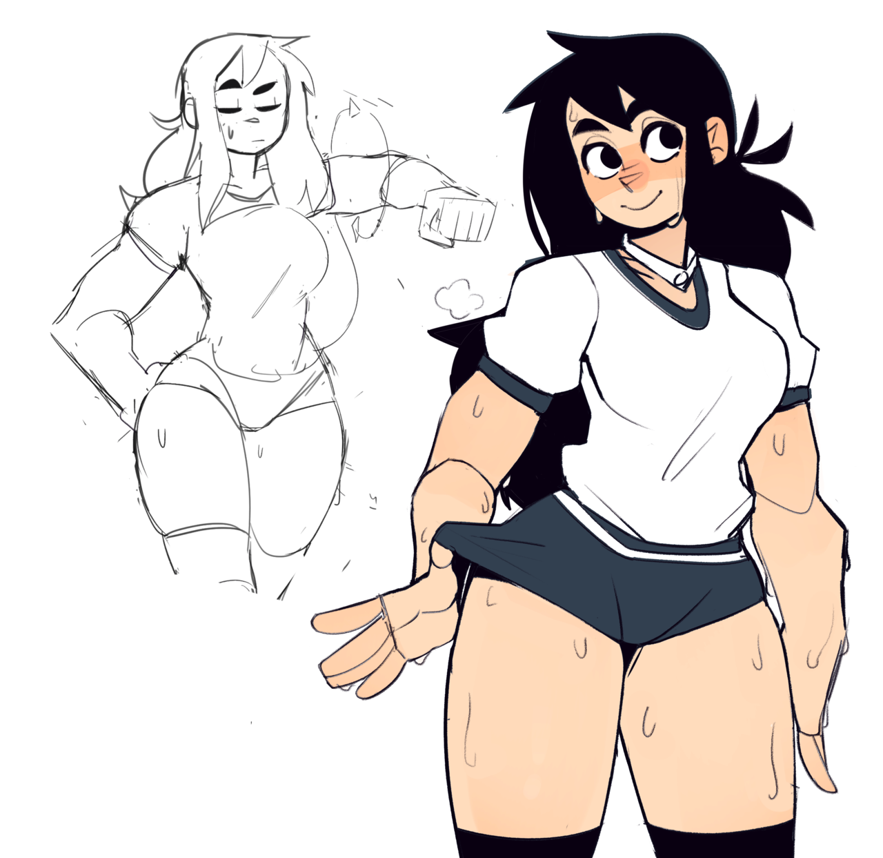 a sketch of an anime girl. the girl is wearing a white shirt and black shorts, with her black hair flowing down her back. she has her arms in a slightly raised pose, as if she's stretching. she is also sweating, suggesting that she may have just finished a workout. to the left, a rougher sketch of a similar pose can be seen.