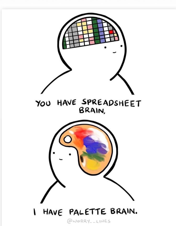 the image depicts two cartoon figures with different types of brains. the first figure has a "spreadsheet brain" with its head filled with a grid of colored squares like a spreadsheet. the second figure has a "palette brain" with its head filled with a painter's palette of colors. the text reads "you have spreadsheet brain, i have palette brain" along with the tag "@worrylines"