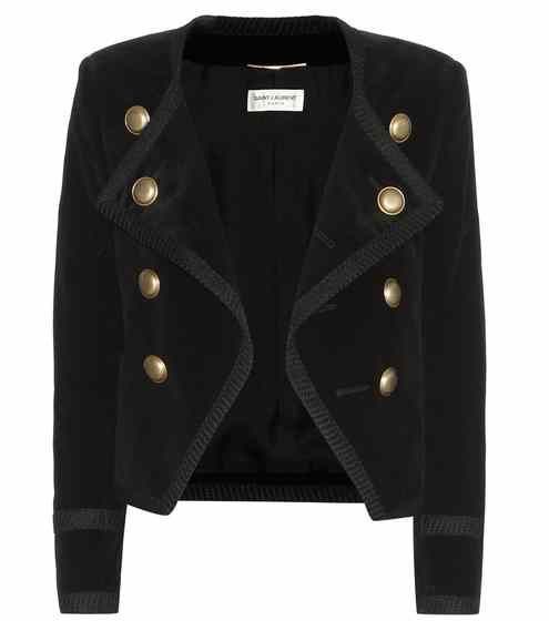 a black, cropped blazer with gold buttons, showcasing a militaryinspired design, is displayed. the blazer has a doublebreasted style and a brand label (saint laurent) is visible inside.