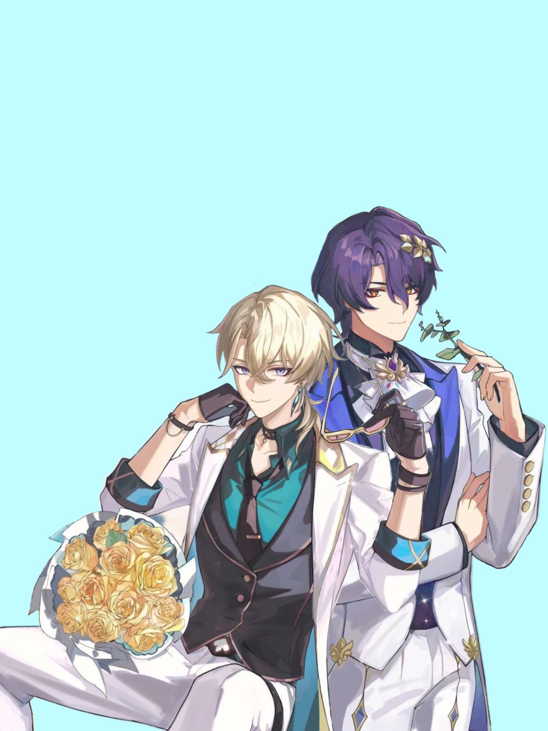 the image is a digital fanart depicting two animestyle young men, elegantly dressed in white suits. one has blond hair, the other purple.  the blondhaired man holds a bouquet of yellow roses. they are positioned closely together, suggesting a romantic or close relationship. the art style is characteristic of modern anime and manga, with detailed clothing and soft coloring.  the background is a simple light blue. the overall mood is romantic and stylish.