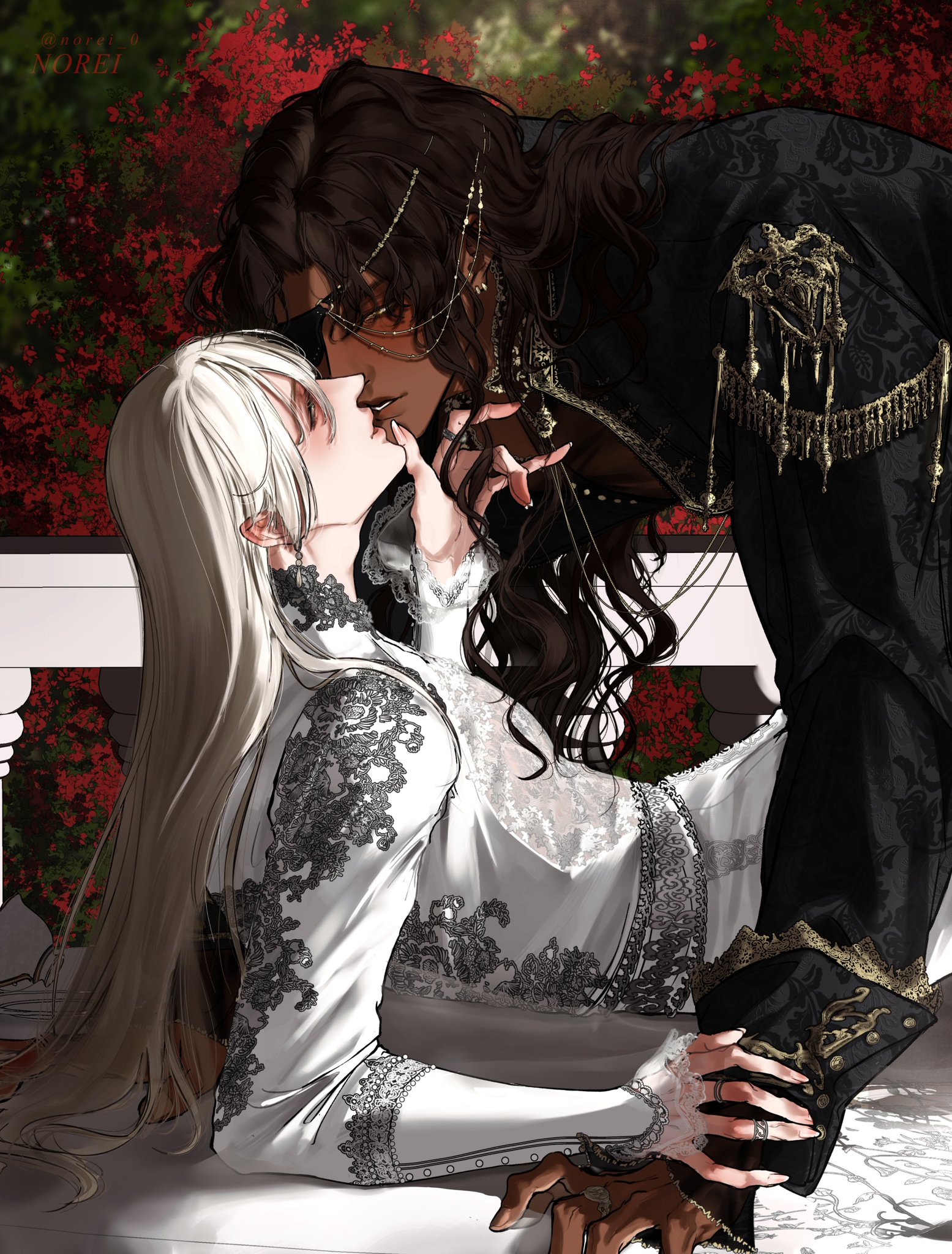 the image is a digital painting or illustration in an anime/manga style. it depicts a passionate kiss between a man and a woman. the man has dark brown/black hair, dark skin, and is wearing an elaborate, darkcolored, ornate outfit with gold detailing. the woman has long, white hair and is wearing a beautiful white dress with black lace accents. they are intimately embraced against a background of red flowers and a subtly visible ornate balcony. the overall style leans towards dark fantasy or dark academia, with the focus on the romantic and passionate interaction of the couple.  the level of detail in the clothing and hair is very high. the lighting and color palette enhance the mood and emotional intensity of the scene.