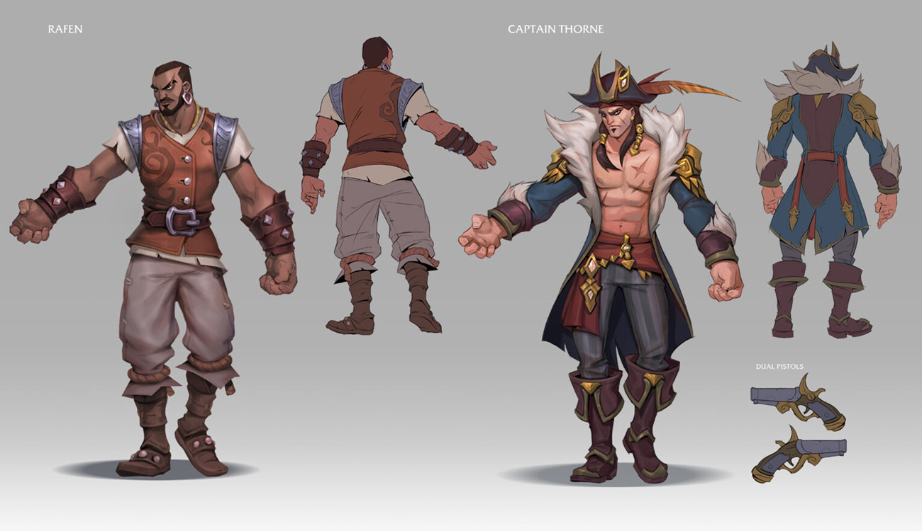 this image showcases concept art of two characters, one named "rafen" and the other "captain thorne".  rafen is a stocky, brownskinned man with short, black hair and a dark beard. he is wearing a brown shirt, brown pants, and a belt with a silver buckle. he has studded leather bracelets on both wrists and a pair of earrings. captain thorne is a white, blonde haired man wearing a dark blue coat, white shirt, brown pants, and gold accented boots. he is wearing a feathered captain's hat, and has a pair of dual pistols on his belt.