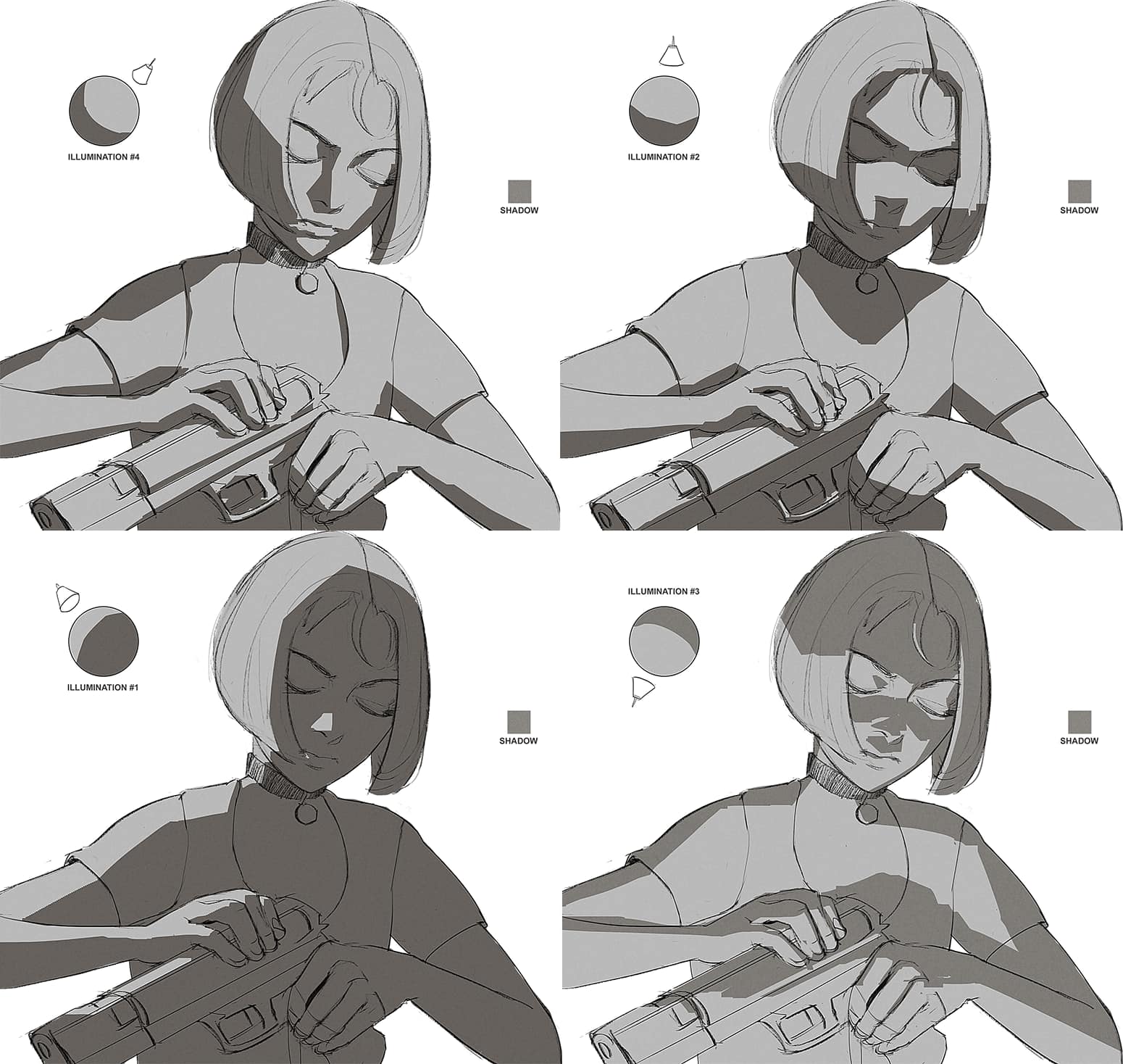 this image shows a woman in four different light conditions as represented by the little diagrams to the left and right of her. the image is a line art style, created digitally and drawn in grey scale. the woman is holding a handgun in her hands. the different light sources create different shadows on her body, face, and on the gun itself.  the light sources in each image are shown by a little diagram in a grey, white and black style.  the woman's face in the first image is in shadow,  while her face in the second image is lit from the right.  her face in the third image is completely lit, and her face in the fourth image is lit from the left.  the contrast in the images highlights the various light conditions and the impact of each light source.