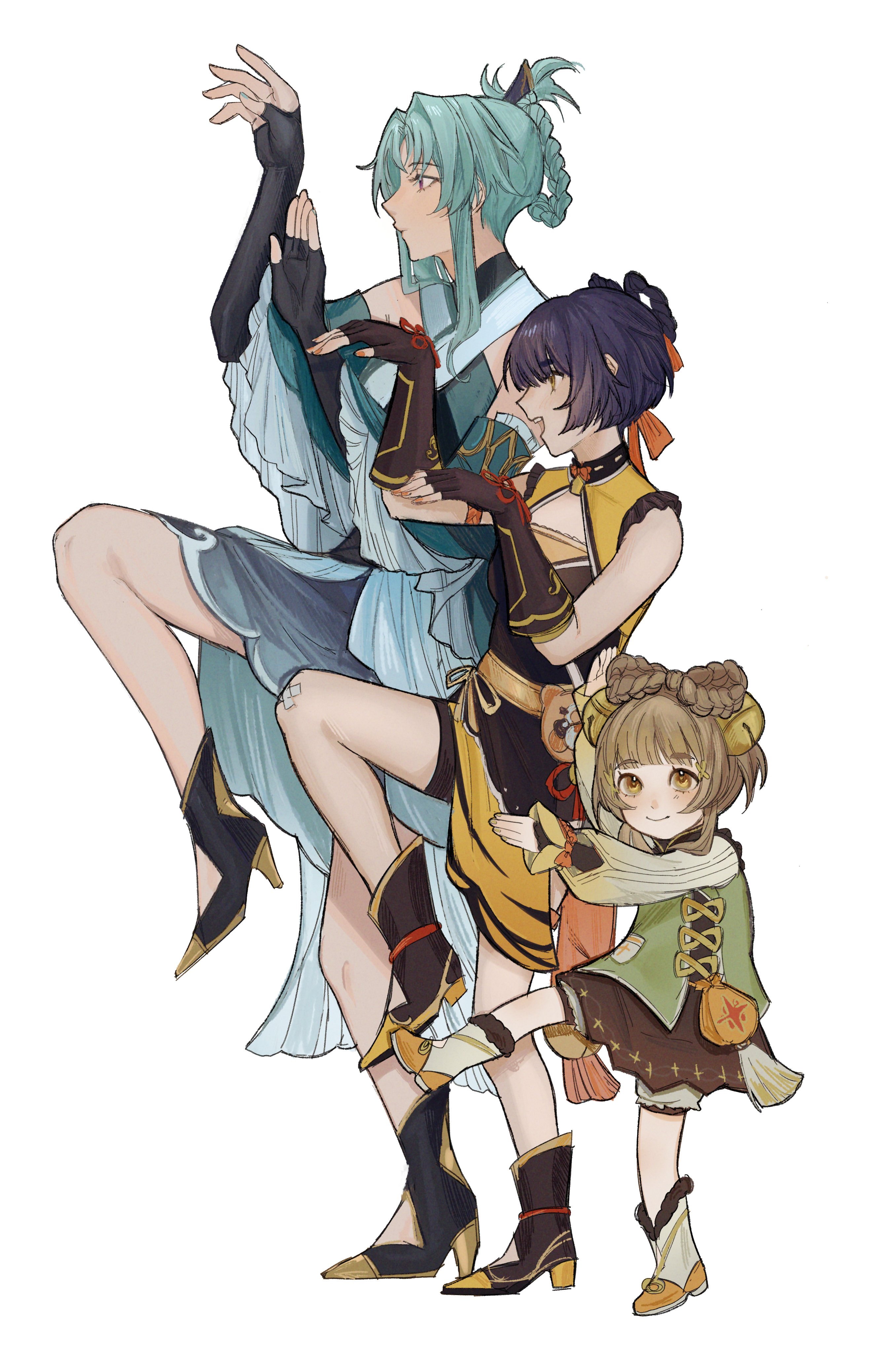 this is a colorful drawing of three anime characters: ganyu, hu tao and qiqi from the video game genshin impact. ganyu is the tallest of the three and is wearing a light blue and green dress with black accents, black sleeves, and white stockings. hu tao is in a yellow dress with black and red trim. qiqi is the shortest and is wearing a brown and green dress with a brown belt. qiqi is also holding a white and pink bear plushie.