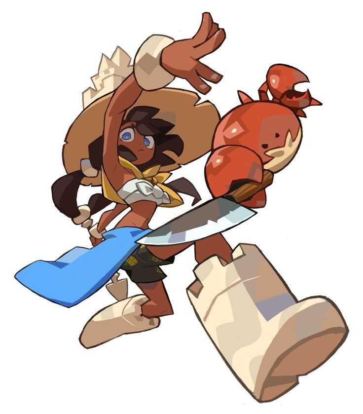 the image is a vibrant cartoon illustration or digital painting of a female character.  she has brown skin, dark hair styled in a ponytail, and is wearing a large straw hat, a yellow top, blue shorts, and unique, creamcolored, castlelike boots. she's holding a large kitchen knife and a cartoonish red crab. the girl's pose is energetic and dynamic, suggesting action or movement. the overall style is bold and cartoonish, with bright colors and thick outlines.  the artwork could be a character design for a video game or animated film.