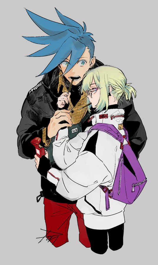 he image is a digital drawing or illustration in an anime/manga style. it depicts a closeup view of a young couple, a boy with vibrant blue spiky hair and a girl with light blonde hair, embracing.  the boy is wearing a black jacket with red pants and has a partially visible checkered scarf. the girl is wearing a white jacket with a purple backpack and glasses.  their expressions are soft and affectionate as they hold each other. the art style is dynamic and somewhat loose, using a palette of vibrant colors and distinct linework. the background is a simple, neutral gray.