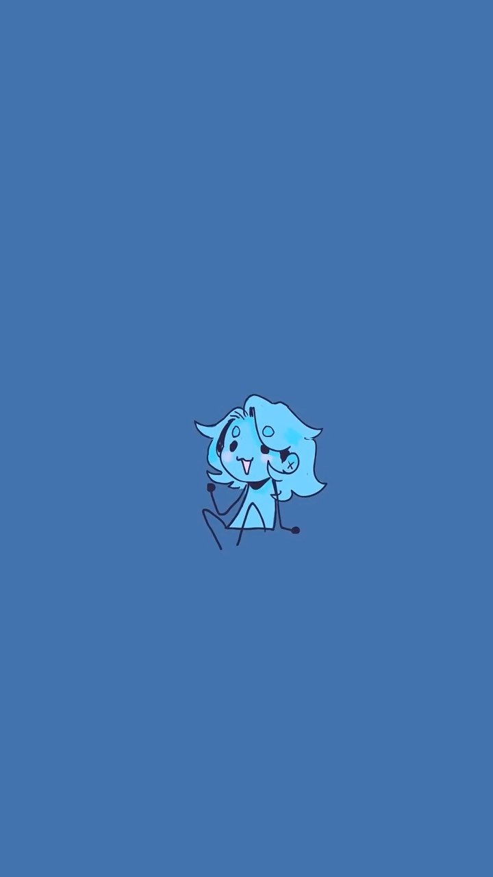 he image contains a simple digital drawing of a cute, cartoonish character. the character has light blue skin and hair, and a happy expression. it's styled in a simplistic manner with thin lines and minimal details. the character is positioned in the center of a solid blue background, creating a minimalistic aesthetic. the overall style evokes a feeling of innocence and playfulness.