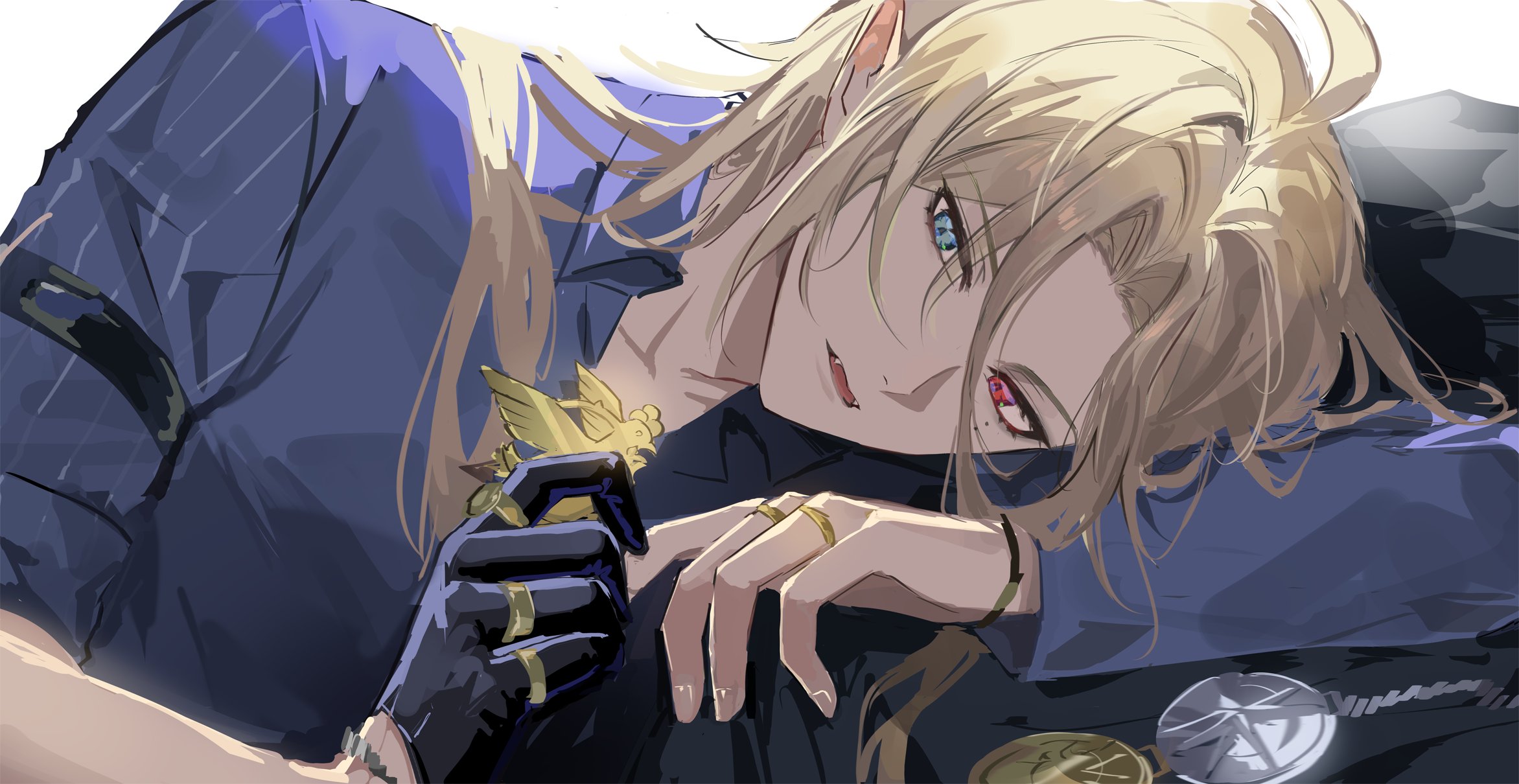an animestyle illustration depicts a male character with blond hair, pointed elf ears, and heterochromia (one blue eye and one red eye). he is lying down, wearing a blue pinstripe shirt and a black glove on one hand. he has several gold rings on his fingers and is holding a small golden object with wings. he also appears to be wearing an eye patch and gold jewelry.