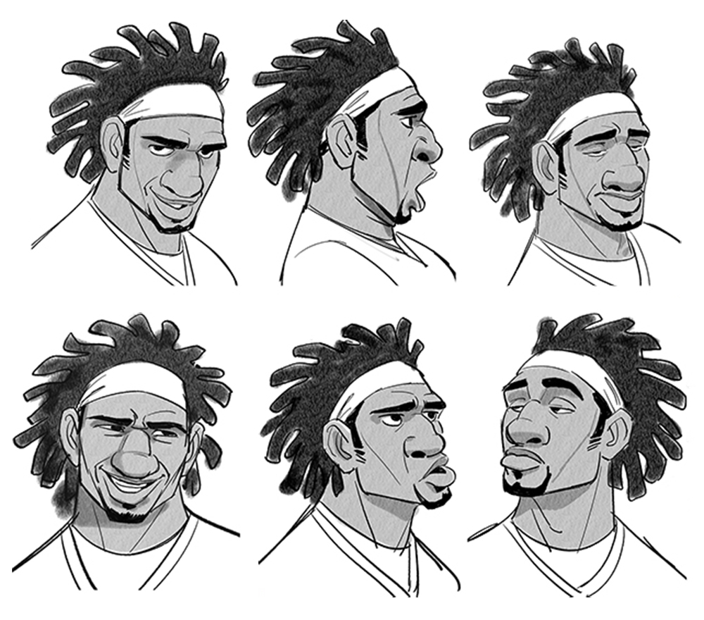 the image shows a character design sheet of a man with dreadlocks and a headband, illustrated in a black and white drawing. there are six different facial expressions shown, depicting various angles and emotions, including a front view, profile, and threequarter views.