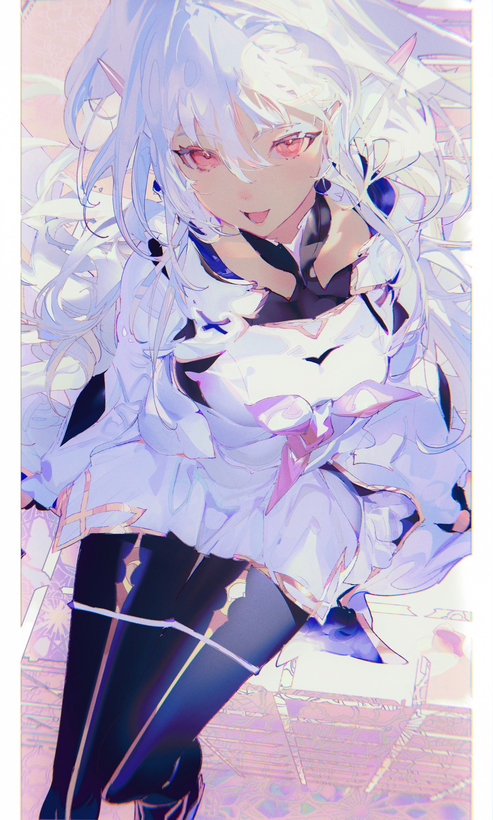 he image is a digital drawing of an animestyle girl with long, flowing white hair and purple eyes. she has pointed elflike ears and is wearing a frilly, pastel purple and white outfit. her expression is playful and slightly mischievous, with her tongue sticking out. the art style is soft and ethereal, with a focus on vibrant colors and flowing lines. the background is a hazy blend of pinks and purples, further enhancing the dreamy atmosphere of the piece. the girl's clothing is richly detailed, with delicate lace and trim adding to the overall whimsical feel.