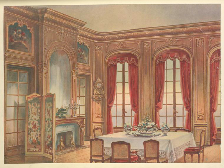 the image shows an ornate dining room with paneled walls, large windows with red curtains, a fireplace with a mirror above it, a table set for a meal, and various decorative elements such as artwork, a screen, a clock, and a floral arrangement.