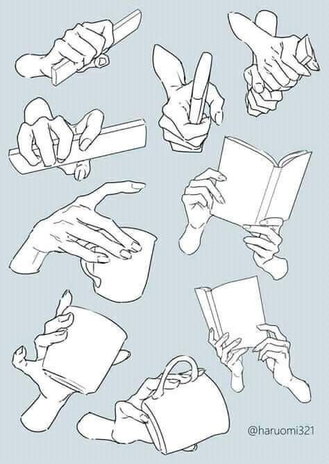 the image is a compilation of various hand poses and gestures in a line art style. it features hands holding objects such as books and mugs, as well as making gestures like holding a rectangular object and giving a peace sign. it appears to be a study or reference sheet for artists focusing on hands and object interactions.