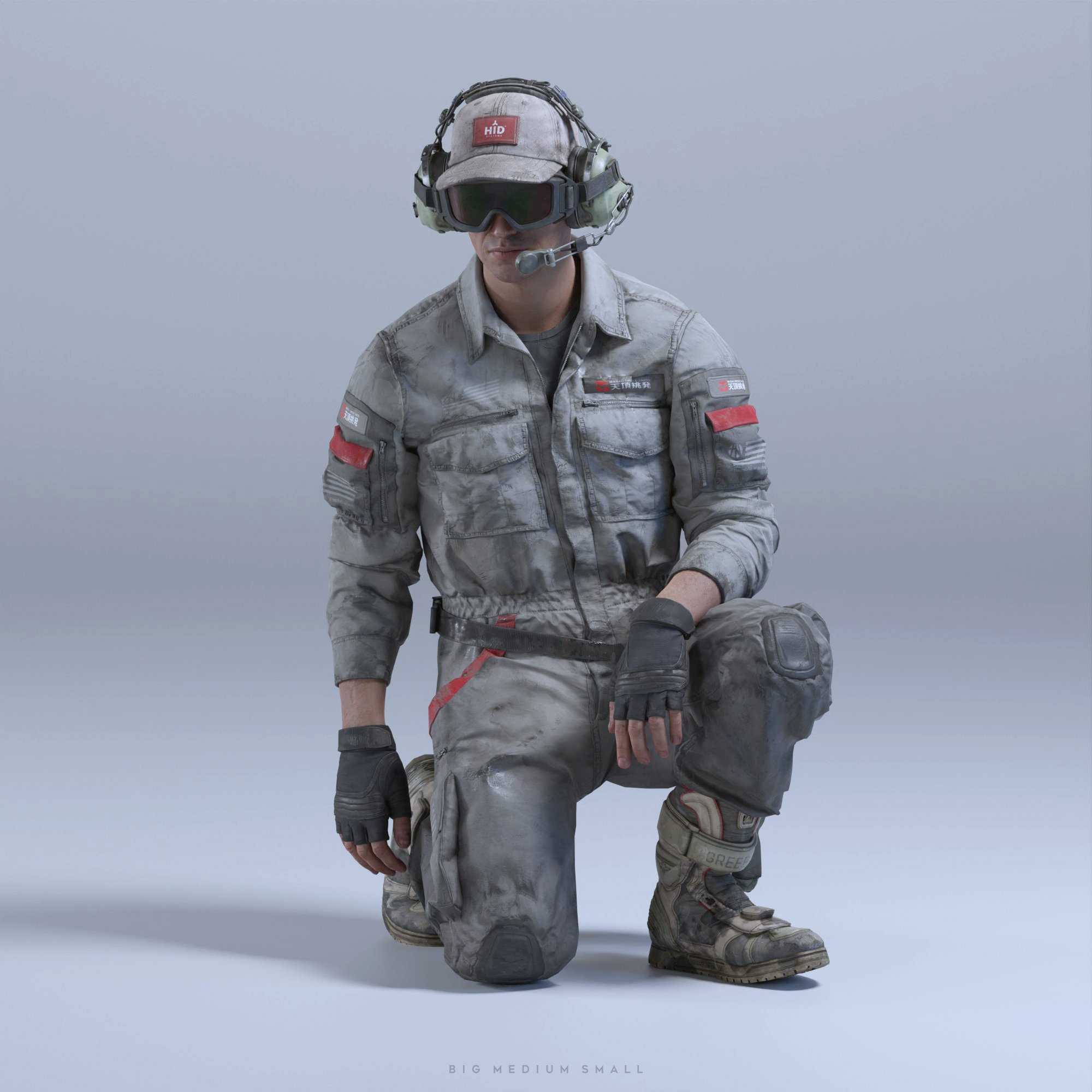 the image is a highresolution 3d render of a soldier or operator kneeling. he's wearing a grey, workwearstyle jumpsuit with red patches and tactical details. the uniform appears weathered or dirty, adding to a sense of realism.  he is equipped with a headset with integrated goggles, gloves, and heavyduty boots. the background is a plain, light grey studio setting, focusing attention solely on the figure. the overall style suggests a military or tactical context, possibly for a video game or military simulation. the text "big medium small" at the bottom suggests different sizing options, potentially for a 3d model.
