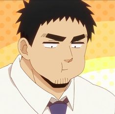 the image shows a closeup illustration of a man with short black hair and stubble. he has a serious expression on his face and is wearing a white shirt with a blue tie. the background is a warm yellow color.