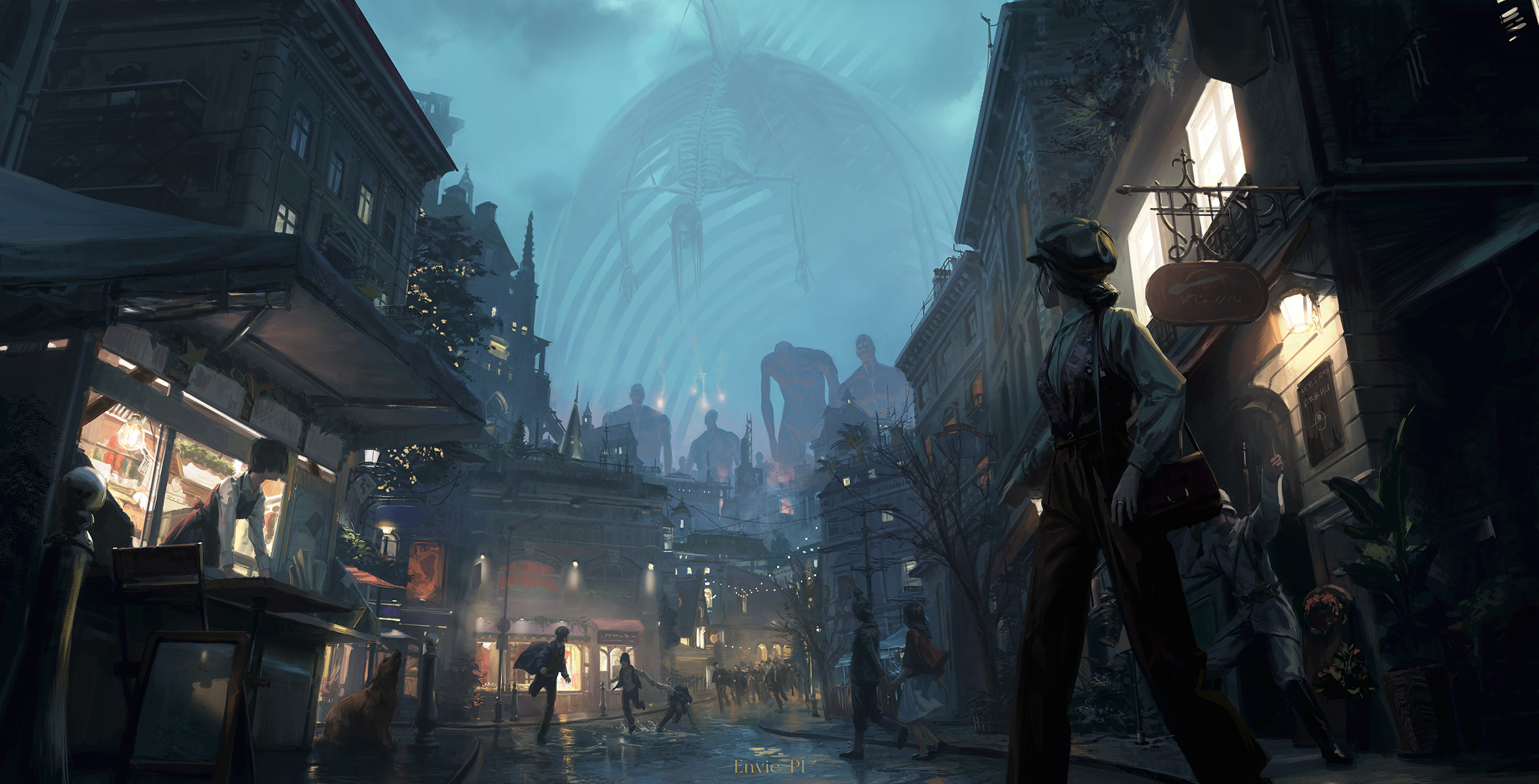 an eerie cityscape is depicted, with tall buildings lining a wet street, indicating a recent rain. people are seen running in panic down the street. in the background, gigantic skeletons and humanoid figures loom over the city, suggesting an apocalyptic or fantasy scenario, reminiscent of the attack on titan series. street lights and shop windows cast a dim glow, adding to the sense of darkness and unease. a woman in period clothing stands in the foreground, seemingly observing the chaos.