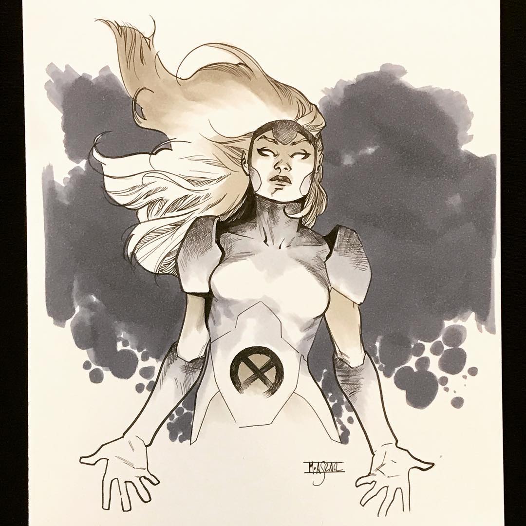 a black and white sketch of white queen from the xmen comics. she is standing with her arms out and her back to the viewer. she is wearing her white costume and cape, and her hair is blowing in the wind.  the background is a dark gray and white wash.