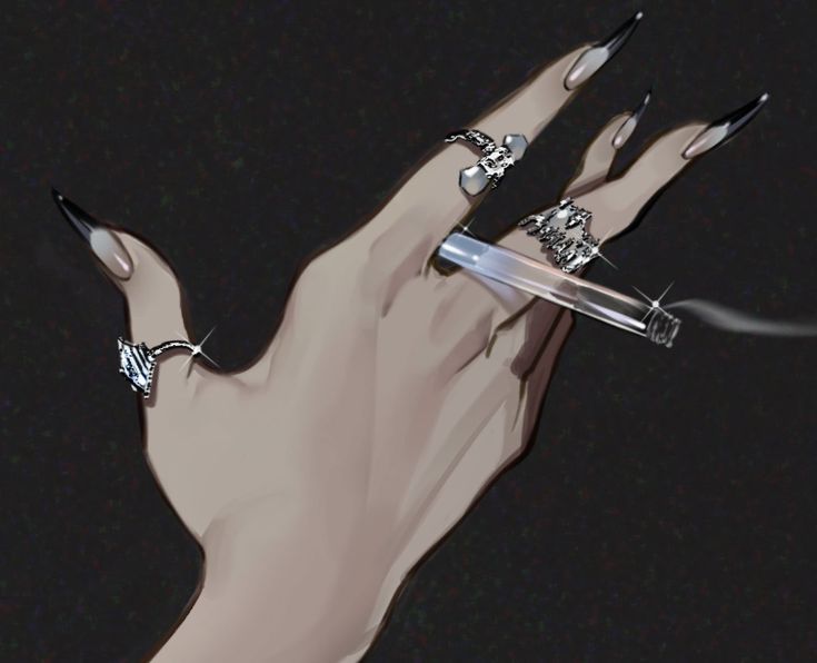 the image is a digital illustration or drawing of a woman's hand. the hand is elegantly posed, holding a cigarette between the thumb and index finger.  the nails are long and sharply pointed, painted dark. the hand is adorned with several silver rings featuring sparkling diamonds. the background is a dark, almost black, which contrasts with the brightness of the jewelry and the pale skin tone of the hand. the overall style is dark, glamorous, and luxurious. the image has a highly stylized and detailed look with a focus on highlighting the glamorous aspects of the scene.