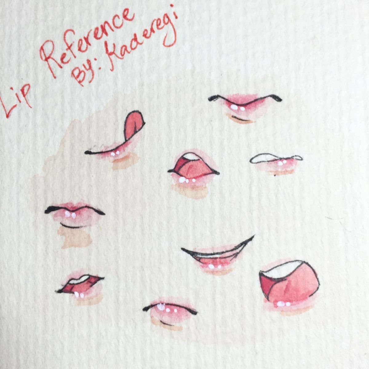 the image is a drawing of various lip poses for artists to use as a reference. the lips are drawn in a cartoonish style and are shaded with a pink and red palette. the drawing is labeled "lip reference by: kaderegi" in red handwriting.