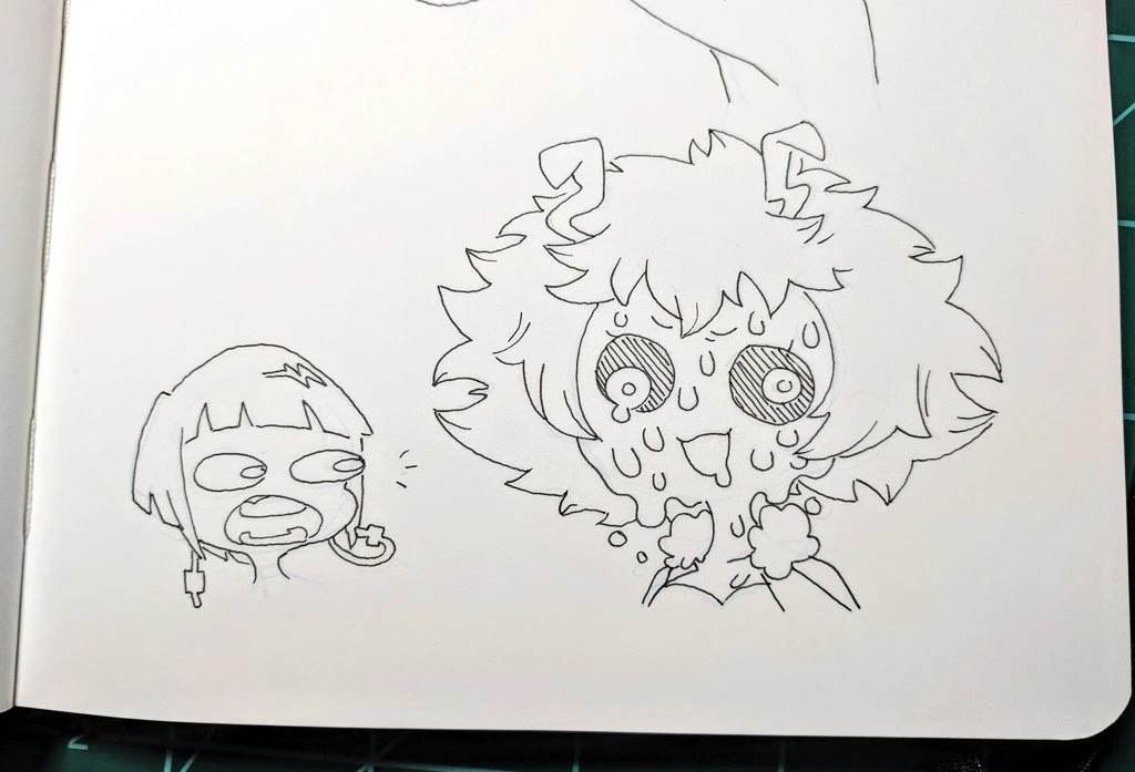this is a black and white illustration of two anime girls. one is surprised, while the other is shocked. the drawing is done in a simple style with thick black lines.