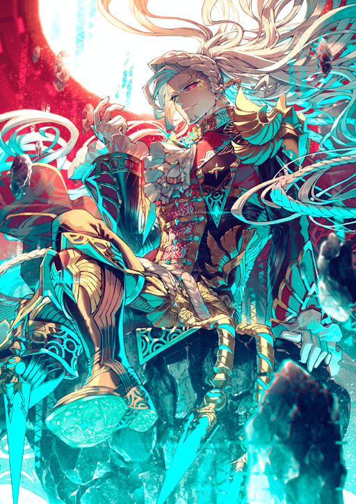 an animestyle male character with long white hair and red eyes is depicted in a vibrant, fantasy setting. he is dressed in ornate armor and seated on a throne. the color palette is dominated by reds and turquoise, with glowing effects throughout the image. the background features a moon and adds to the overall mystical and detailed aesthetic.