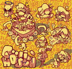 this is a character design sheet of a girl with robotic arms and legs.  she is wearing a white dress and black boots and gloves. she has short, messy hair and a big smile with sharp teeth. the style is cartoonish and exaggerated, with a lot of dynamic poses and expressions. the background is a yellow pattern with graffitilike elements.  the character is shown in a variety of poses and expressions, including happy, angry, sad, and surprised. the overall feeling of the image is playful and energetic.