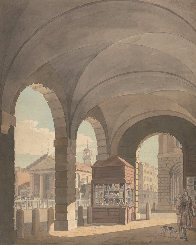 this is a watercolor painting of a city street. the view is from underneath a series of arches with pillars. there's a kiosk selling goods in the center, and a man with two dogs to the right. in the distance, there's a tower and other buildings. the painting captures a historical street scene with architectural details.