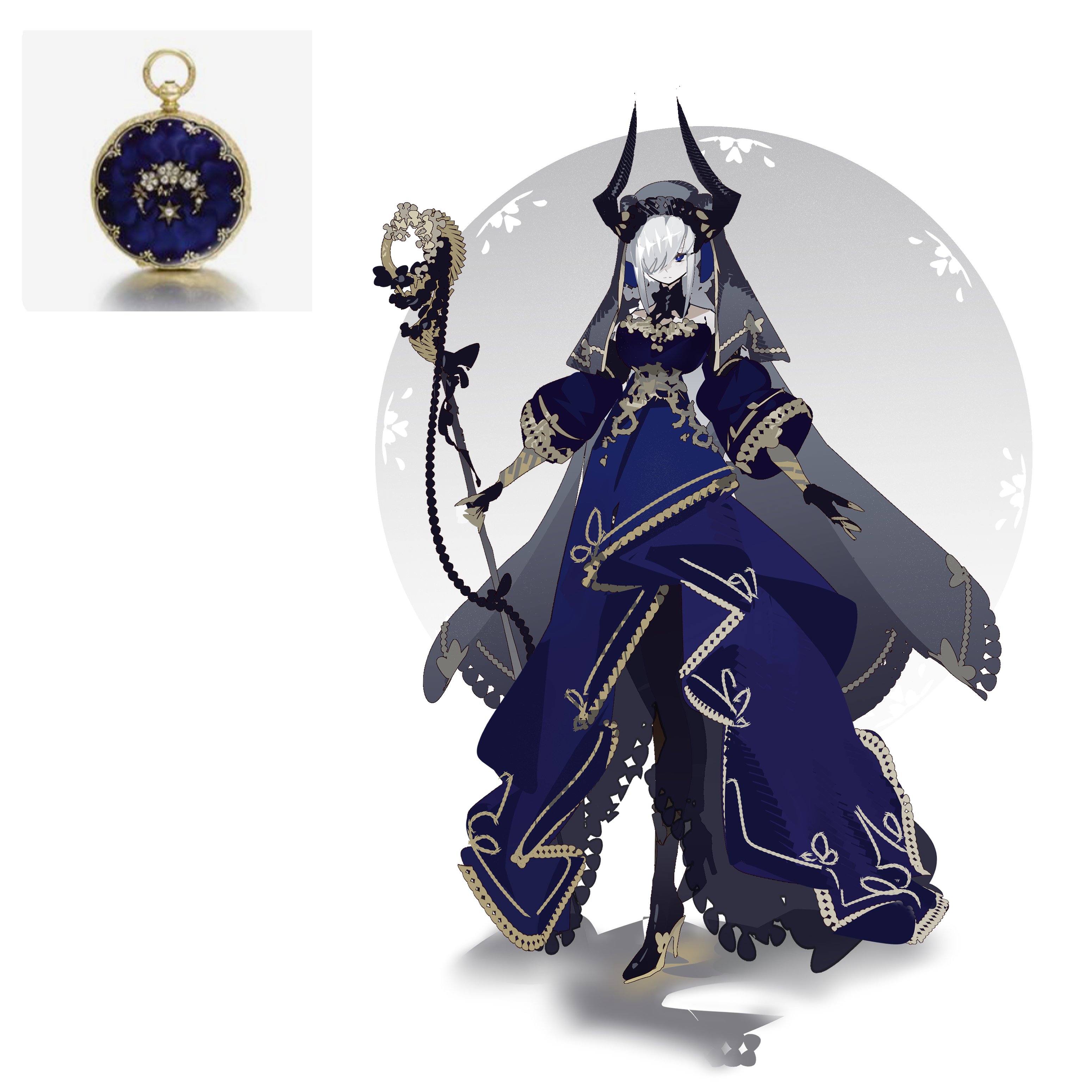 this image features concept art of a female anime character design. she is wearing an elegant blue and gold robe with celestial details such as crescent moons and star embellishments. her color palette centers around shades of blue and gold accents, giving her a dark, magical appearance. she is posing with a staff topped with a crescent moon and is set against a white background that highlights her design.