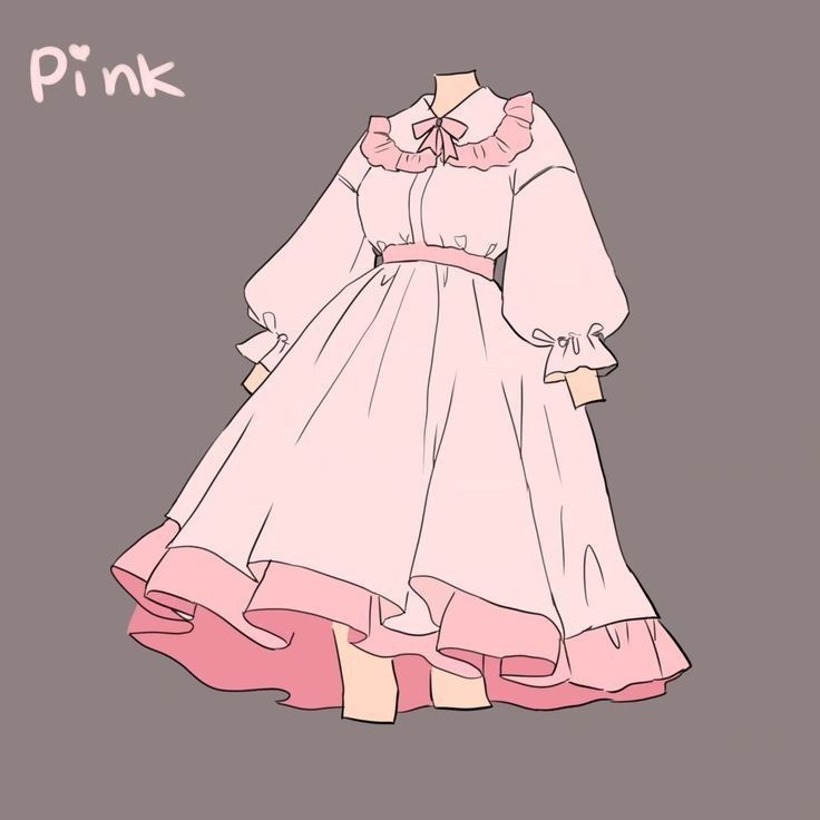a drawing of a flowing pink dress with ruffles at the collar, cuffs, and bottom hem.
