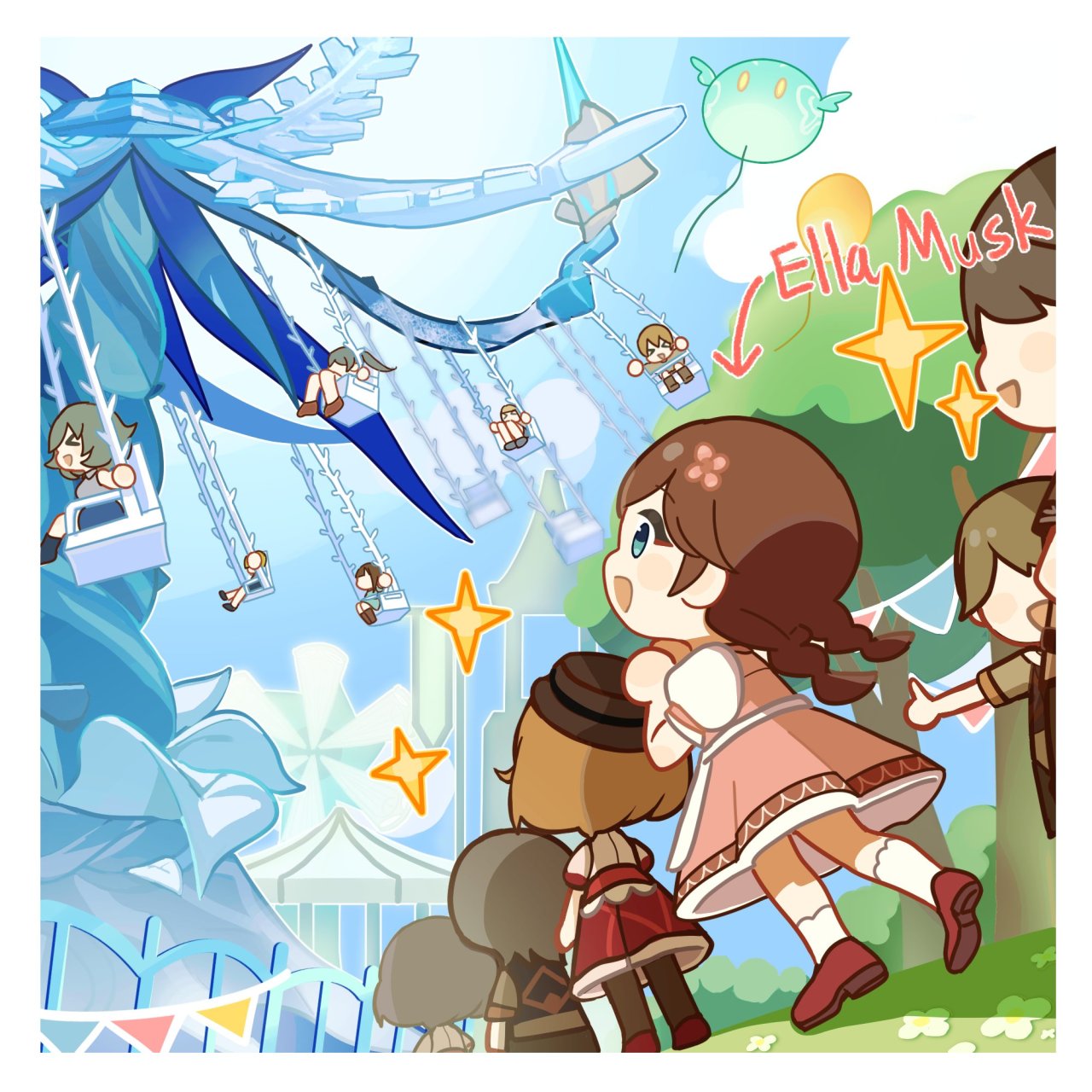 this cartoon illustration depicts a whimsical and magical amusement park with children enjoying themselves. the main focus is on a group of girls in adorable outfits, looking up at a sparkling ride shaped like a giant ice crystal, with swings dangling from its branches. in the background, more children can be seen enjoying the park's various attractions, and the entire scene is filled with vibrant colors and playful details.