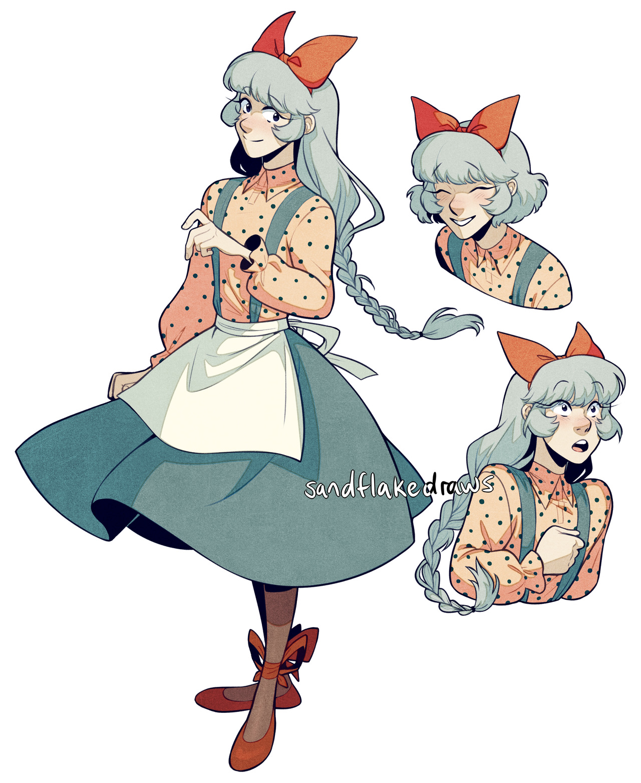 a character design sheet showing the front and expressions of a female character with blue hair, wearing a white dress with polka dots, a white apron, red shoes, and a red bow.