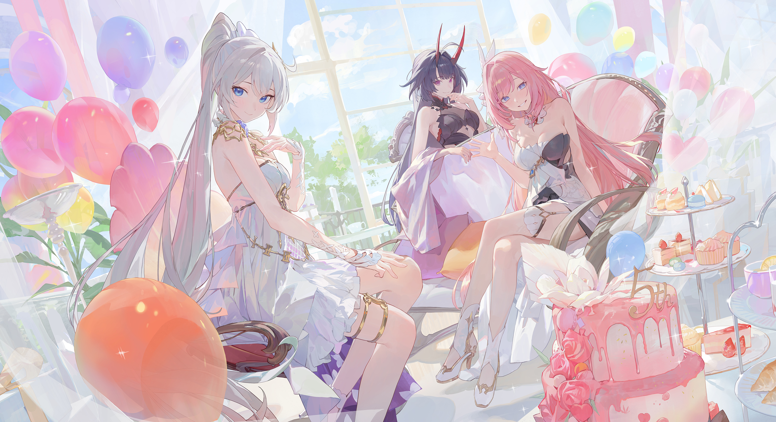 he image is a vibrant animestyle illustration depicting three young women celebrating a birthday. they are dressed in elegant pastelcolored dresses and are seated around a table laden with a lavish birthday cake and various pastries.  the setting is bright and airy, with a large window in the background and pastelcolored balloons floating around them. the overall atmosphere is one of joy, celebration, and friendship. the art style is characterized by soft, delicate lines and pastel colors.  the girls each have distinct hair colors and styles and appear happy and content in the scene.