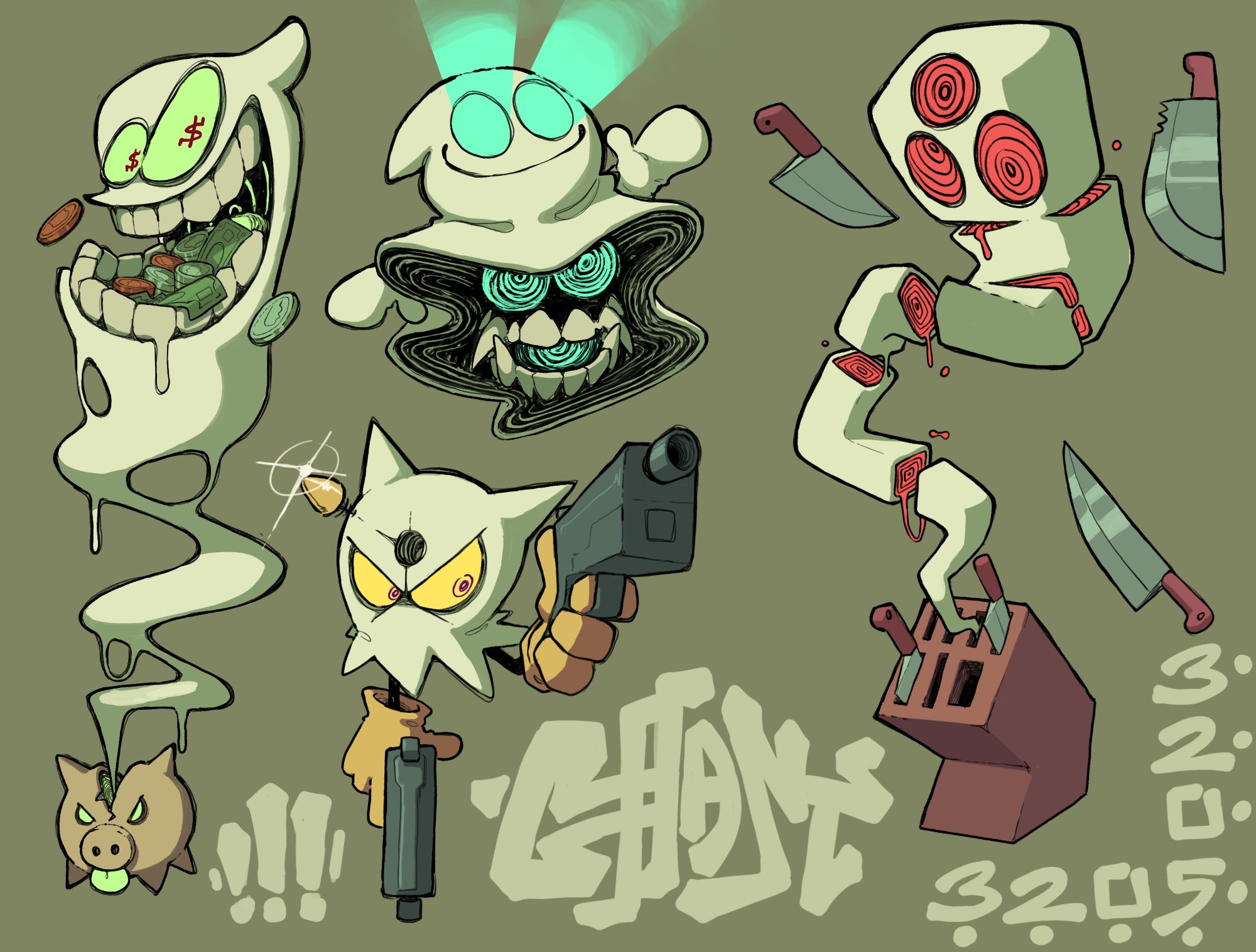the image showcases a collection of cartoon ghost characters with varying designs and personalities. there is a slimy ghost with money in its mouth, a hypnotizing ghost with swirling eyes, a fragmented ghost with knives protruding from its body, and a menacing ghost armed with guns. each ghost has a unique expression and posture, contributing to the overall spooky and slightly humorous tone of the illustration.