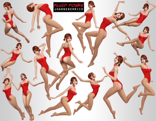 the image contains a collection of digital renderings of a female figure in various dynamic poses. the figure is wearing a red leotard in most of the poses, giving a sense of dance, gymnastics or dynamic movement. the image is labelled "fluid poses" by "joannebernice". the figures are posed against a grey background.