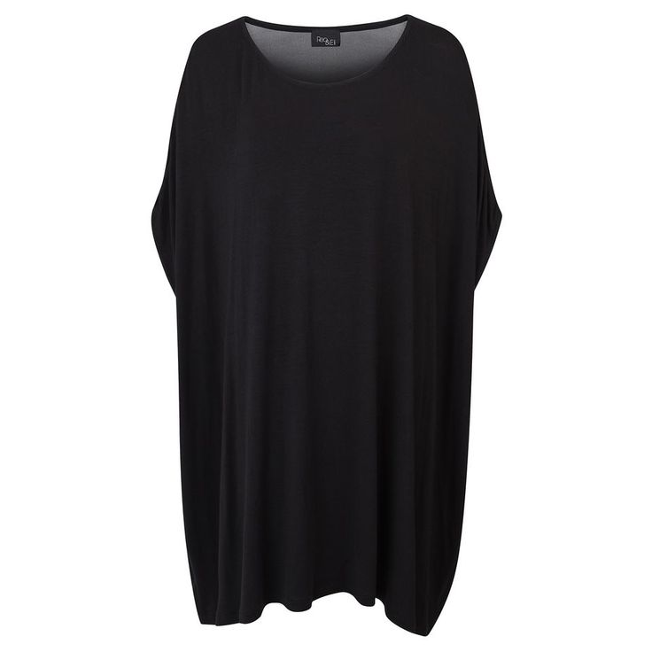 a studio shot of a plus size black tshirt dress or tunic. the dress has short sleeves and a round neckline.