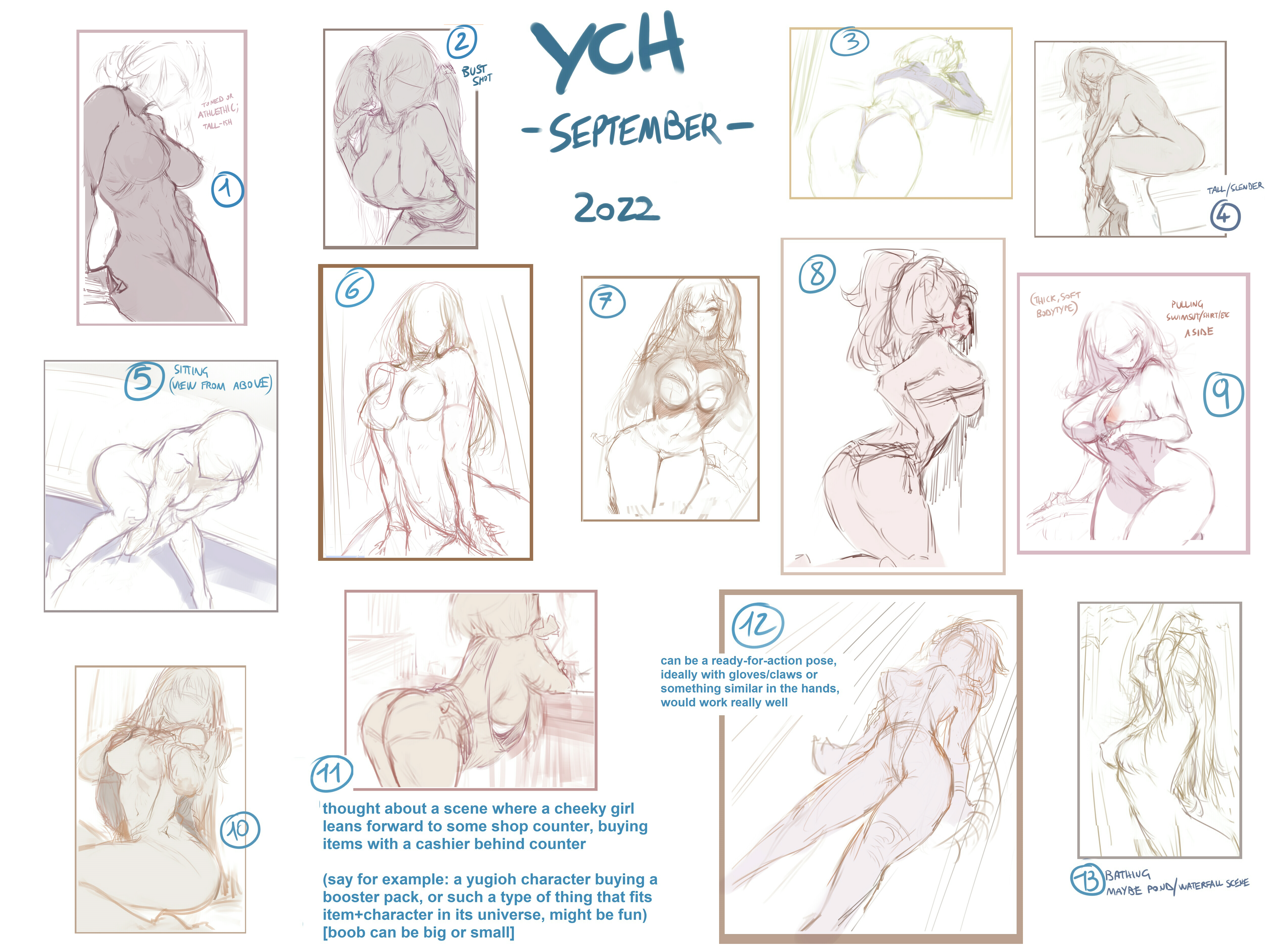 the image shows a collection of rough sketches for a "your character here" (ych) art commission offer. the artist presents various poses with female figures, mostly emphasizing body curves and suggestive angles. each sketch has a number and some include brief descriptions or ideas for potential clients to consider. there's a focus on dynamic poses, including leaning, sitting, and actionready stances. the overall style leans towards anime/manga aesthetics.