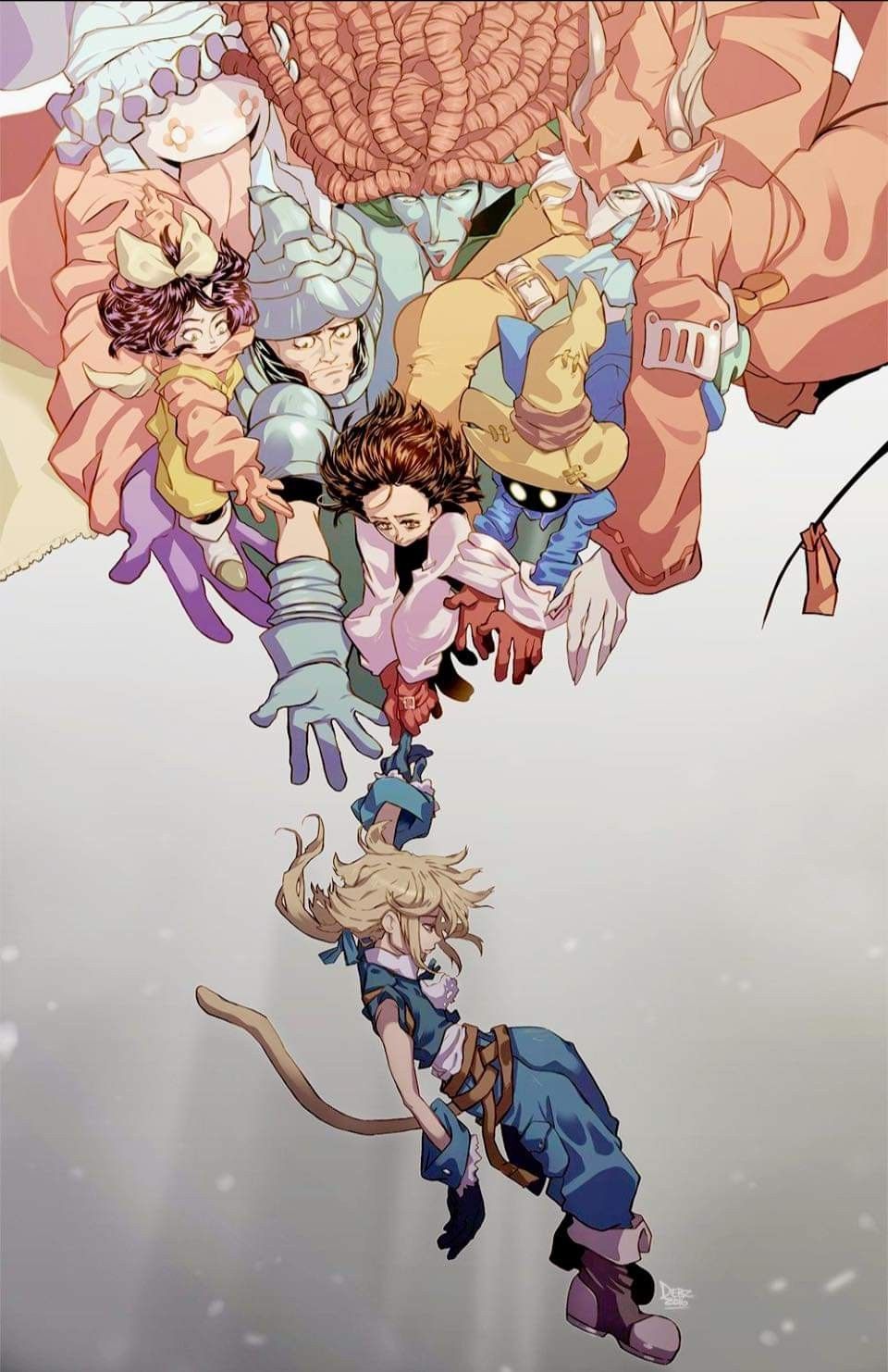 the image depicts a group of characters from the video game final fantasy ix. they are arranged in a cascading chain, with zidane tribal holding onto garnet, who in turn is holding onto vivi, and so on, with eiko carol at the bottom, appearing to be falling. other characters like adelbert steiner, freya crescent, quina quen, and amarant coral are part of the chain. the image seems to capture a moment of rescue or descent.