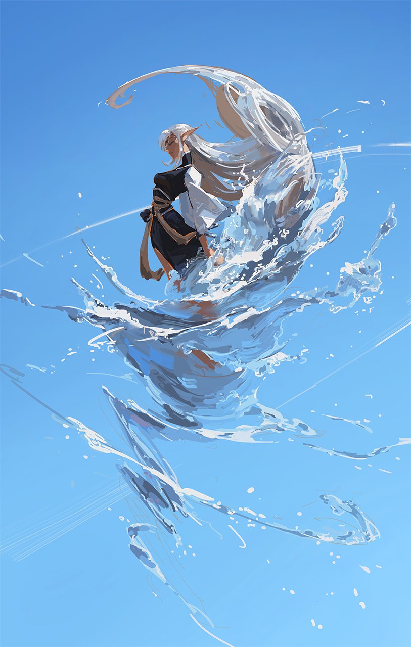 the image is a digital painting of an animestyle elf girl with long white hair. she is depicted midair, surrounded by a swirling vortex of water. the water appears to be flowing and splashing around her, creating a dynamic and ethereal effect. the girl is wearing a darkcolored dress with lightcolored accents and seems to be floating effortlessly within the water vortex. the background is a clear, bright blue sky. the overall style is painterly and expressive, with a focus on movement and light.