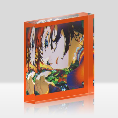 this is an acrylic block featuring a vibrant and colorful animestyle portrait of a woman. she has striking blue eyes and fiery red hair. the artwork has a dreamy, ethereal quality, and the colors are rich and saturated.