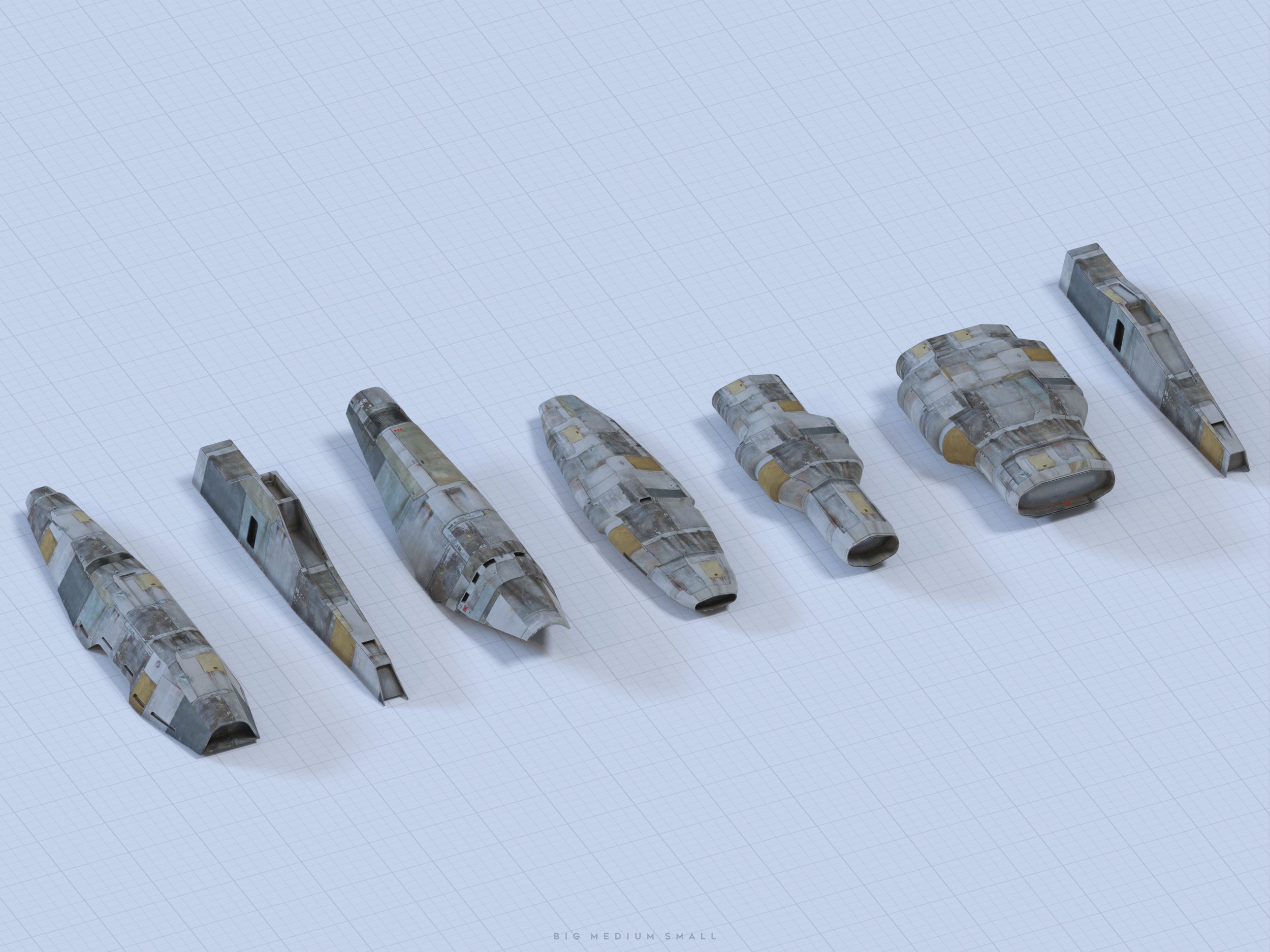the image shows a 3d render of various spaceship parts arranged in a row on a gridded surface.  the parts vary in size, labeled "big," "medium," and "small" at the bottom.  they appear to be sections of a larger spacecraft, weathered and showing signs of damage or age. the overall aesthetic is that of a science fiction setting.