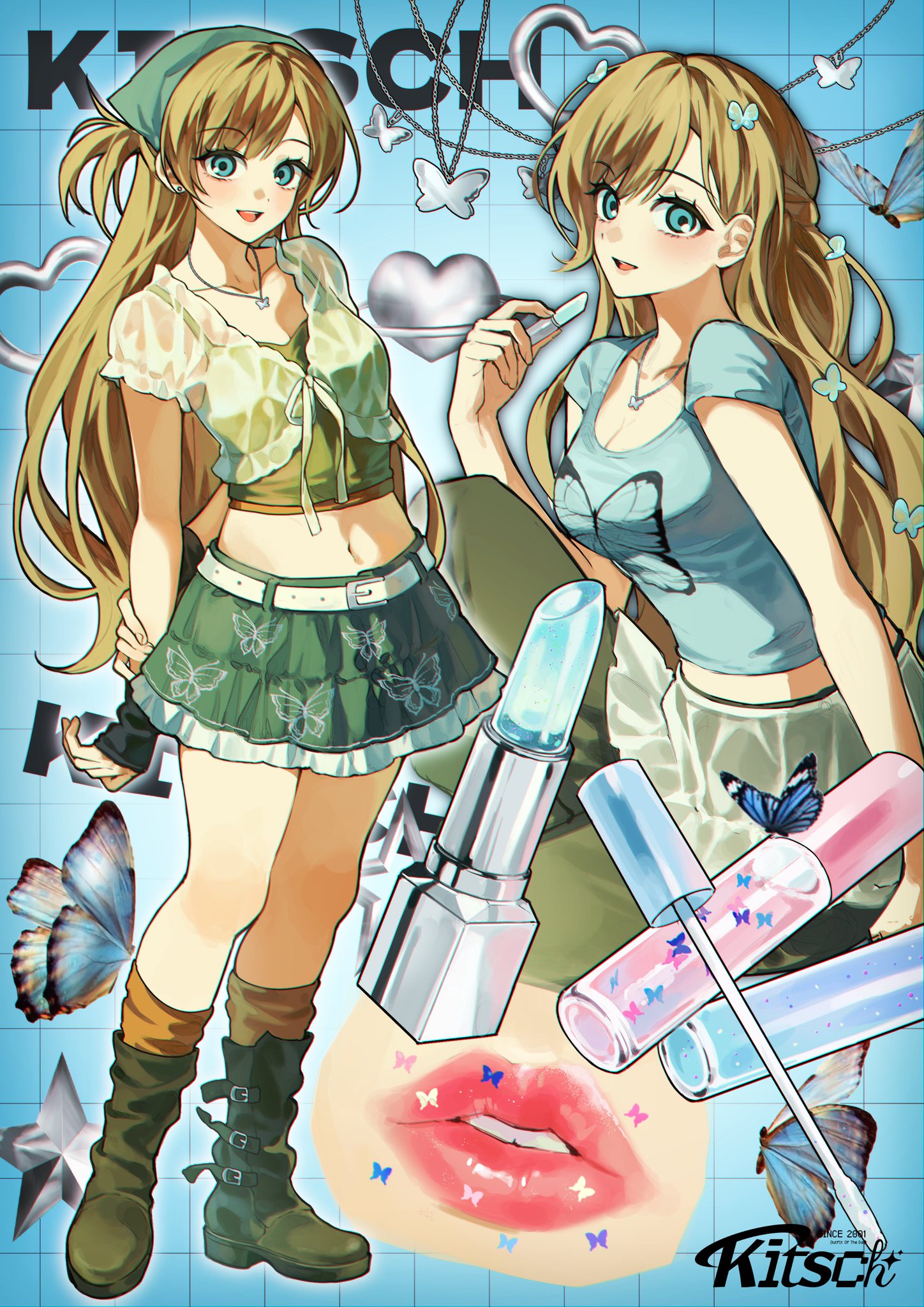 the image is a vibrant digital illustration in a collage style, heavily influenced by anime and y2k aesthetics.  it features two anime girls, both with long blonde hair styled differently, wearing outfits consistent with the kitsch and slightly grunge style. one girl is wearing a green skirt and a pale top while the other is in a light blue top and a pastelcolored skirt. they are surrounded by various elements such as butterflies, hearts, makeup products (lipsticks and lip glosses), and jewelry, all in pastel and vibrant colors. the overall mood is playful and trendy, blending several aesthetic styles. the word "kitsch" is prominently displayed in the bottom right corner. the background is a light blue grid pattern. the image is heavily textured and has a slightly rough, almost handdrawn quality.