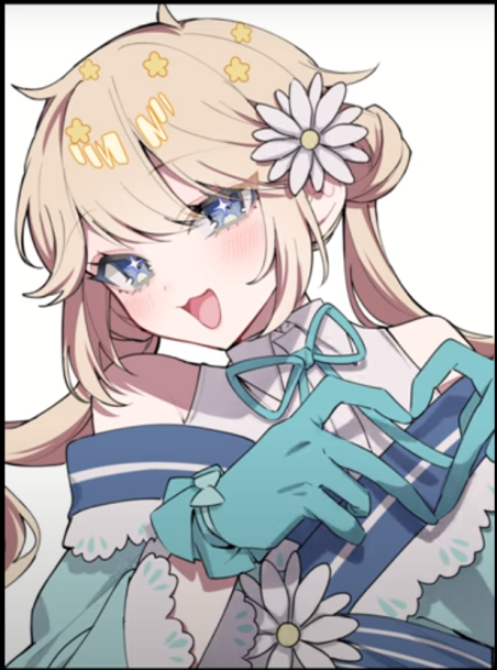 this is a digital drawing of a young, blonde anime girl. she has large, expressive blue eyes and a cheerful expression. her hair is styled in pigtails with a white daisy adorning one side. she wears a blue and white dress with a large bow and matching gloves. the background is a plain white color.  the art style features exaggerated features, such as large eyes and a small mouth, that are typical of anime and manga.