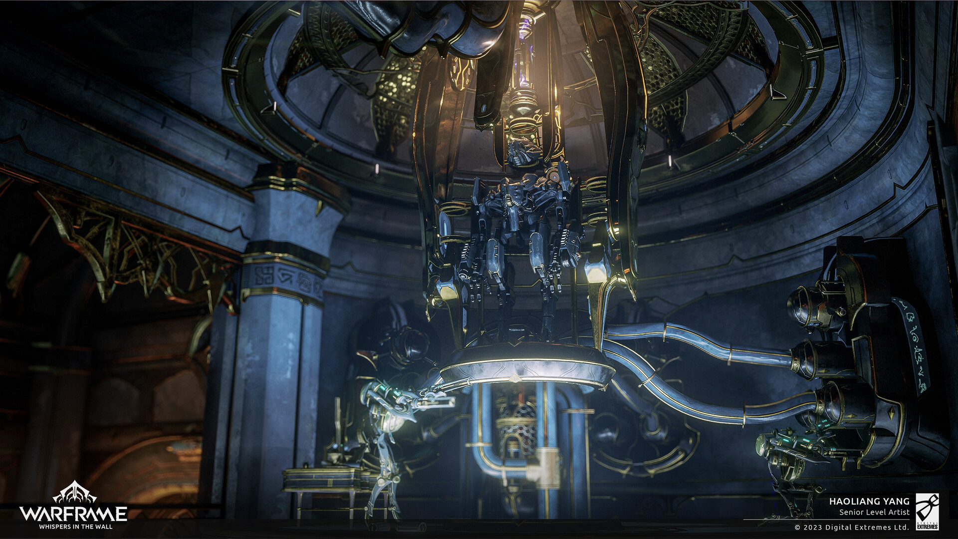a lowangle view of a throne machine in a dimly lit environment, illuminated by an artificial light source from above, reminiscent of a fantasy or science fiction setting. ```