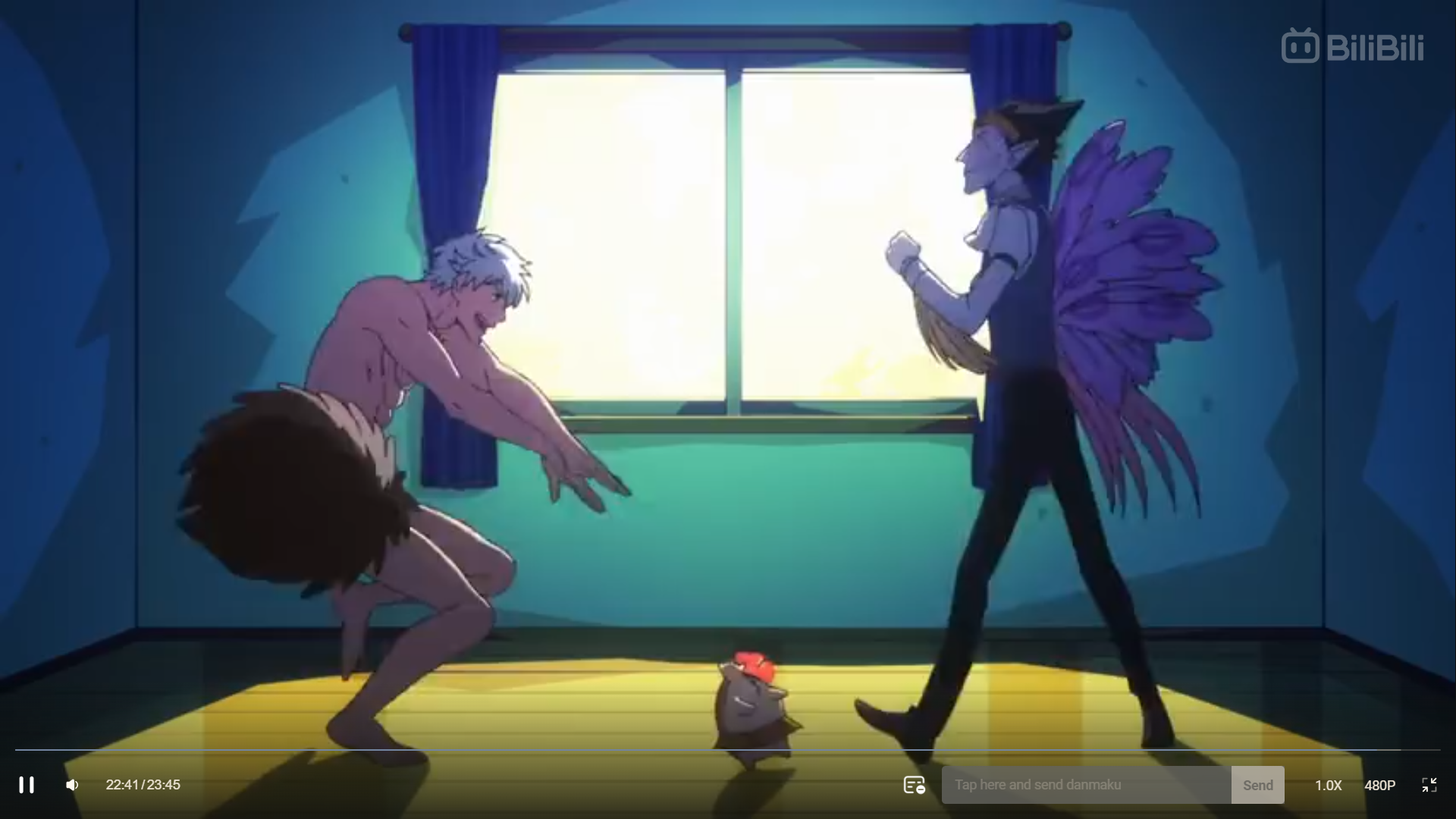 two animestyle male characters are depicted dancing in a brightly lit room. the figure on the left, a muscular man with white hair and furry brown thighs, crouches low, his arms outstretched in a playful stance. on the right, a taller, slender character with dark hair styled into a dramatic updo and sporting feathered wings, strikes a more elegant pose. he's dressed in a white shirt, a dark vest, and purple trousers. a small creature with a red bow on its head watches them from the floor. the overall atmosphere is lighthearted and humorous, suggesting a scene of joyful camaraderie.