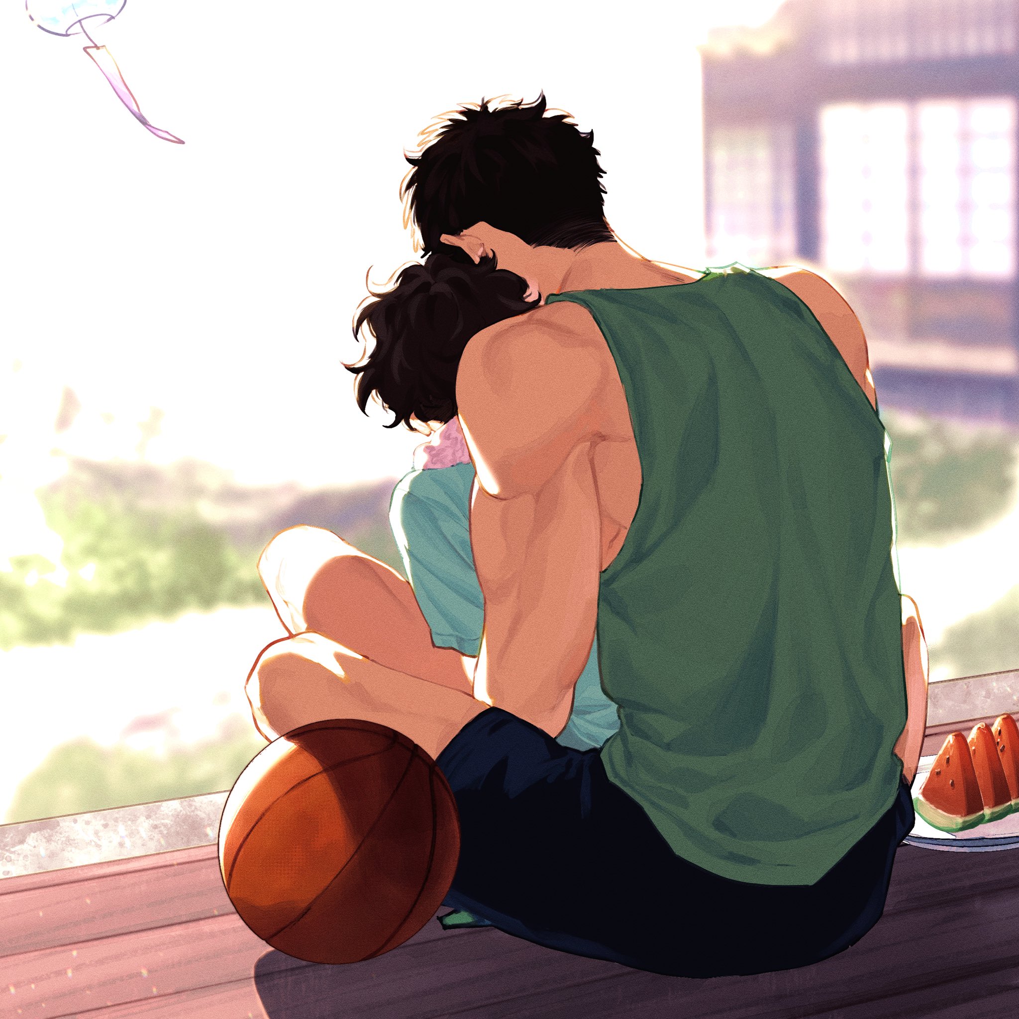 a man and a woman are sitting together on a wooden porch, the man is wearing a green tank top and the woman is wearing a light blue shirt. the man is holding the woman in his arms, with his left arm around her waist and his right arm around her shoulder. the woman is leaning her head against the man's chest, both looking toward the horizon. there is a basketball at the man's feet, and some watermelon slices on a plate in front of them. the illustration is done in a style reminiscent of anime or manga.