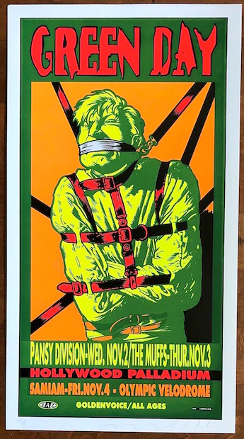 a concert poster for the band green day, advertising shows at the hollywood palladium and olympic velodrome. the poster features a stylized illustration of a person with their mouth covered, bound in a straight jacket. the color scheme is predominantly green, orange and yellow.