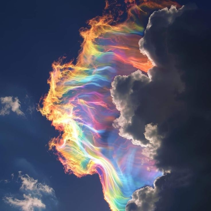 a vibrant and ethereal image of a cloud formation in the sky, resembling a rainbow or a magical being. the cloud is adorned with iridescent colors that create a sense of wonder and mystery. the sky is a deep blue, providing a stark contrast to the colorful cloud. the light in the image is soft and delicate, giving the scene a dreamy and surreal quality.