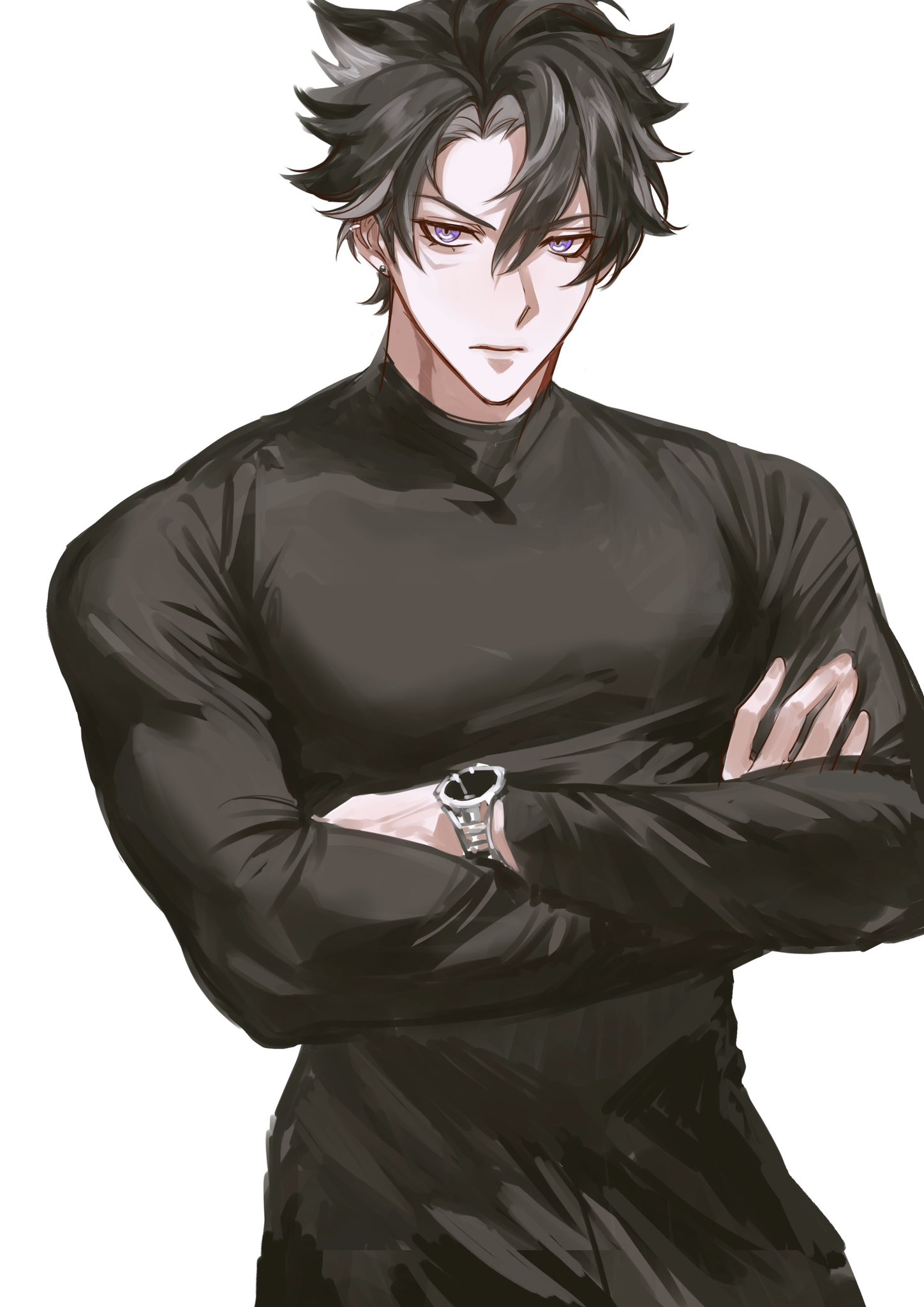 this is a digital illustration of an anime character. he has short black hair, purple eyes, and is wearing a black turtleneck shirt. he has his arms crossed in front of him, and his face has a serious expression. the background is white.