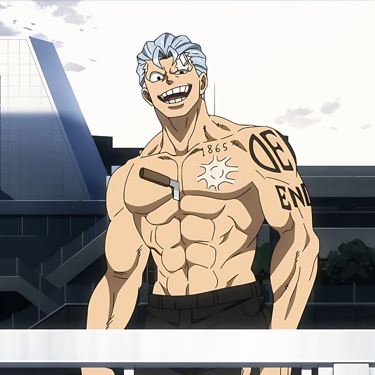 the image showcases a muscular, grinning anime character outdoors against a backdrop of modern buildings. the character has intricate tattoos, including the numbers "1865," and a scar across his chest. his muscular physique is emphasized by the natural lighting. the perspective is from a low angle, making the character appear imposing.