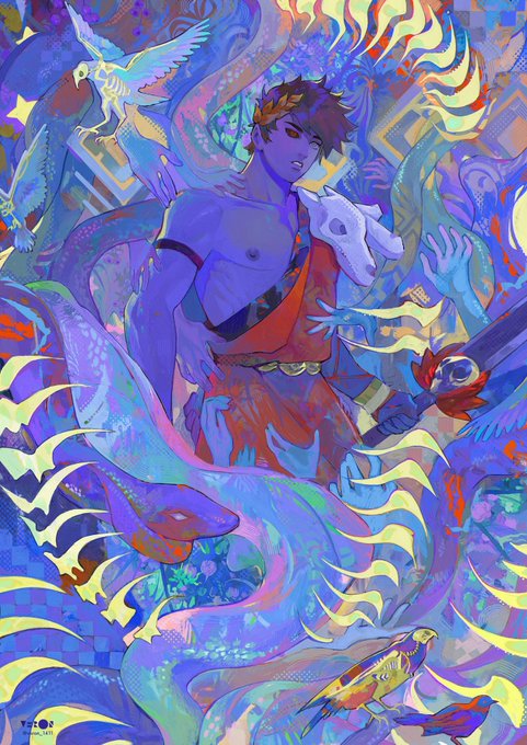 an illustration of a mythical godlike figure with dark hair wearing a red skirt. he is surrounded by blue snakes and blue birds. he has a sword on his left side.  the background is abstract with yellow and blue shapes.